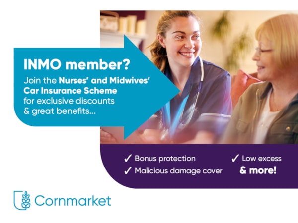 Nurse in uniform with woman. Text says Join the nurses' and midwives' car insurance scheme for exclusive discounts and great benefits 
